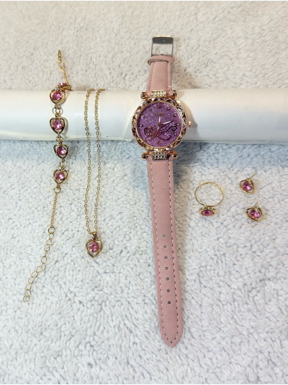 Jewelry Set 5 Pieces: Watch with Glitter, Necklace, Bracelet, Ring and Pink Earr - Picture 1 of 9
